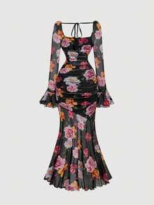 SHEIN MOD Váy đuôi cá tay loe họa tiết hoa đen - Nhiều màu - Xem 2