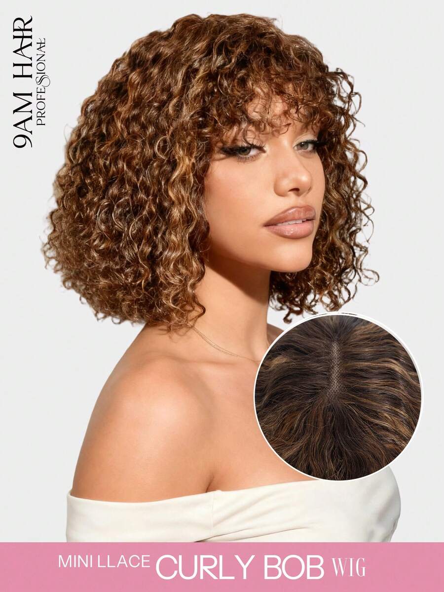 Wear & Go Curly Bob Wig With Bangs 100% Human Hair Highlight P4/30/27 Glueless Mini Lace Short Curly Bob Bang Wig 10-14 Inch - S4/30/27 - View 1