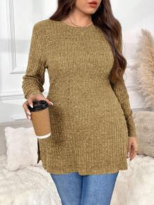 SHEIN Frenchy Camiseta feminina plus size de cor sólida, gola redonda, casual, canelada, com fenda e mangas compridas.