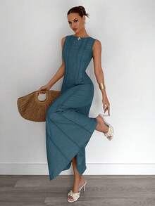 Siren Gaze Summer New Pleated Sleeveless A-Line Dress Casual - Dusty Blue - View 7