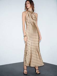 Lumivelle Valentine's Day Women's Polka Dot Backless Dress, Elegant Sexy Fashion Dress For Commuting, Party, Gathering Polka Dot Dress Gold Polka Dot Dress  Summer Dress Dress For Wedding Guest  Party Dress Midi Dress Halter Neck Dress For Woman Polka Dot Dress Women Cut Out Dresses - Khaki - View 2