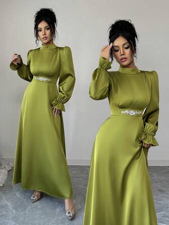 Rafferiza Elegant Romantic Casual Outdoor Party Afternoon Tea Gathering Muslim Clothing Luxurious Rhinestone Shiny Accessory Waist Cinching High Collar Conservative Ruffle Sleeve Romantic Ruffle Sleeve Waist Cinching A-Line Waist Cinching Mint Green Green Grass Green Umbrella Skirt Maxi Dress