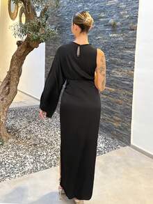 Mélanie ORL Rochie elegantă pentru femei, cu mânecă lungă, plisată, asimetrică, de culoare uni, cu crăpături laterale