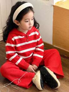 SHEIN Young Girls Casual Blue & White Striped Hooded Sweater And Pants Set School Tops Young Girl Clothes Kids Girl Outfit Cute Tops Graphic Tees Girls Sweater Sets Girls Knit Set Winter Young Girls Sets Young Girls Striped Knit Set Young Girl Knit Set Winter Girls Sets Girls Hooded Sweater Set Fall - Multicolor - View 7