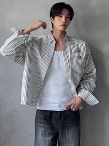 DAZY Short Letter Print Black & White Striped Men's Shirt, Spring/Autumn - Black and White - View 1