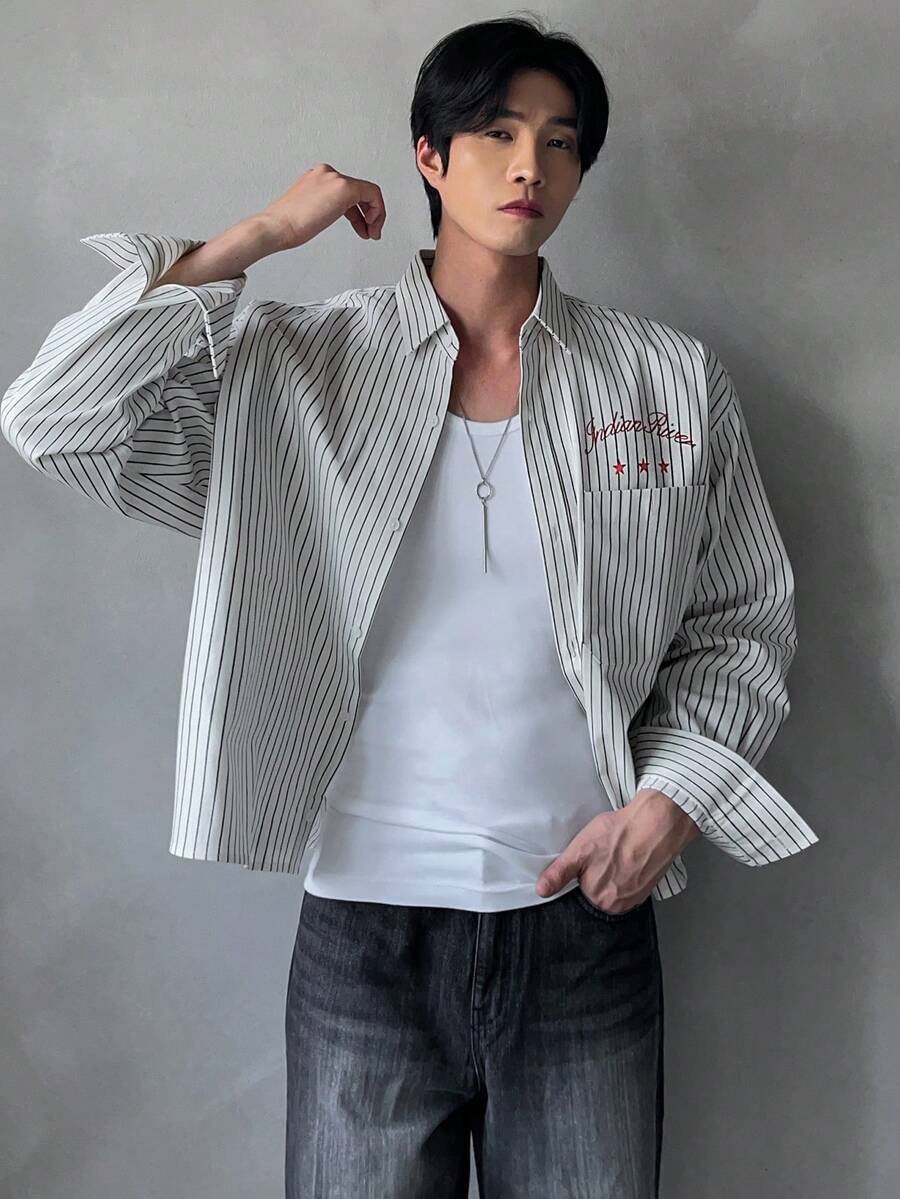 DAZY Short Letter Print Black & White Striped Men's Shirt, Spring/Autumn - Black and White - View 1