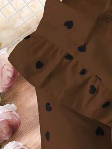 SHEIN Tween Girl Heart Print Ruffle Hem Long Sleeve Shirt With Belt And Leggings Set - Coffee Brown - View 3