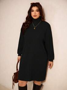 Elaquor 大码女式纯色高领长袖休闲宽松连衣裙 - 黑色 - 查看 6