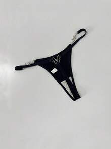 Women's Chain Linked Butterfly Crystal Decoration G-String Panty, Rave - Black - View 2