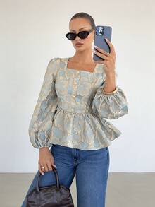 Siren Gaze 女士时尚优雅荷叶边下摆方领长袖衬衫 - 綠色 - 查看 2
