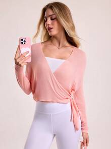 Women's V-Neck Criss-Cross Knot Design Fashionable Versatile Long Sleeve Sweater - Pink - View 1
