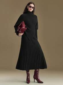 Ontre 女士百搭羊毛混纺A字中长裙，松紧腰设计，适合通勤、商务、休闲、办公穿着，优雅百搭，尤其适合冬季、圣诞节、新年派对等场合。 - 黑色 - 查看 3