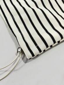 Airaco Nouveau Sweat-shirt-shirt femme style américain rétro à rayures, manches longues avec demi-zip. Style décontracté, ample et minimaliste avec cordon de serrage à l'ourlet. Top polyvalent convenant aux sorties quotidiennes, aux courses, à l'école. - Noir et Blanc - Voir 3