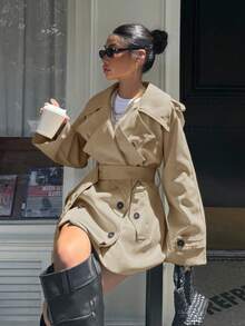 Muchica Women's Fashionable & Elegant Double-Breasted Belted Trench Coat French Style Clothes Women Trench Coat Trench Coat Women In Fall/Winter - Khaki - View 3