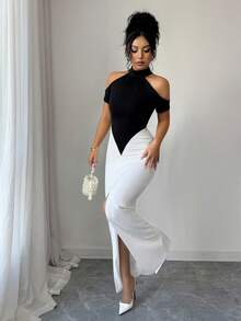 Selianne Summer New Black & White Color Block Design, Sexy High Slit, Off-Shoulder Short Sleeve Ruched Fitted Waist Elegant Dress, Suitable For Party, Gala, Wedding, Valentine's Day - Black and White - View 5