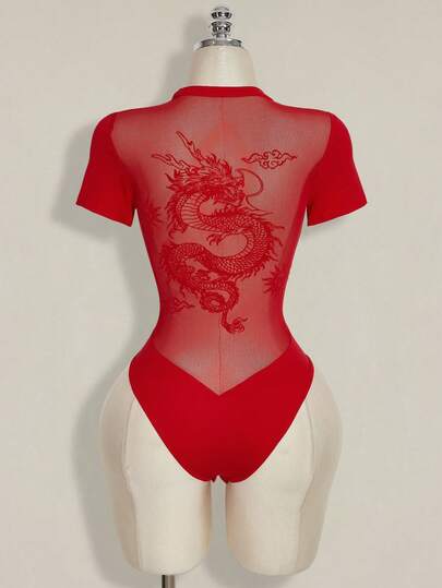 SHEIN ICON Graphic Going Out Grunge Sheer Fashionable Sexy Dragon Print Flocked Mesh Panel Short Sleeve Bodysuit Red Bodysuit Women Sexy Body Suit