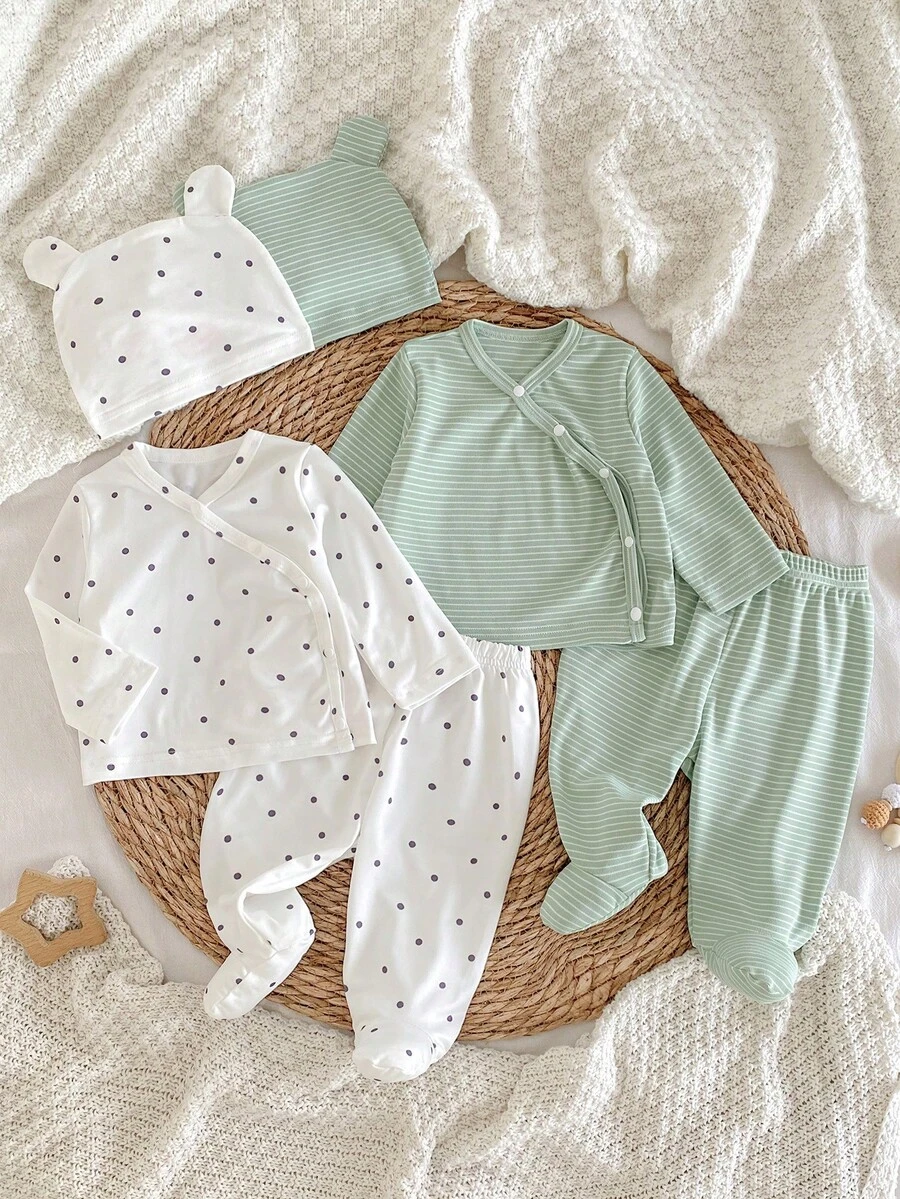 6件套新生儿长袖连脚连体衣,星条纹针织舒适柔软睡衣套装 - 彩色 - 查看 1