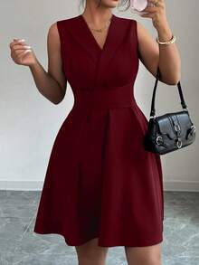Elenzga Vestido de moda con volantes en la cintura, sin mangas y de unicolor, talla grande - Burdeos - Ver 3
