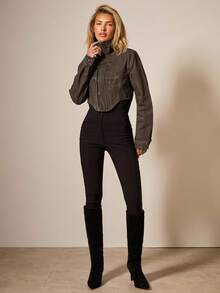 COSMINA Women's Solid Color High Collar Raglan Sleeve Short Fashionable Versatile Denim Jacket - Brown - View 3