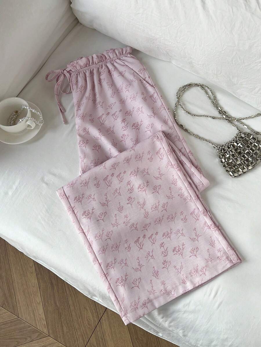 SHEIN Unity 女士纹理印花低腰弹力抽绳休闲直筒裤 - 粉色 - 查看 1