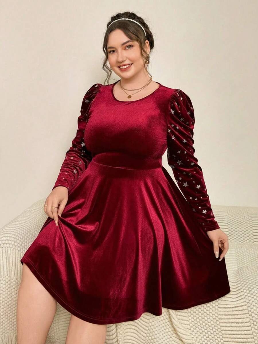 SHEIN Essnce Plus Size Women's Autumn And Winter Fashion Casual High Elastic Comfortable Waist Short Dress, Mother And Children's Clothes,Christmas Outfit For Women,New Year Clothes - Red - View 1