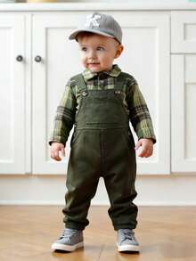 SHEIN 秋冬季格子灯芯绒背带连体衣婴儿套装 - 軍綠色 - 查看 2