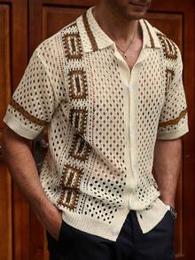 Genlund Men's Contrast Color Hollow Out Short Sleeve Knit Top - Apricot - View 7