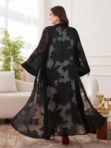 Al Najma Women's Chiffon Jacquard Elegant Loose Fit Plus Size Abaya Robe, Long Sleeve - Black - View 2