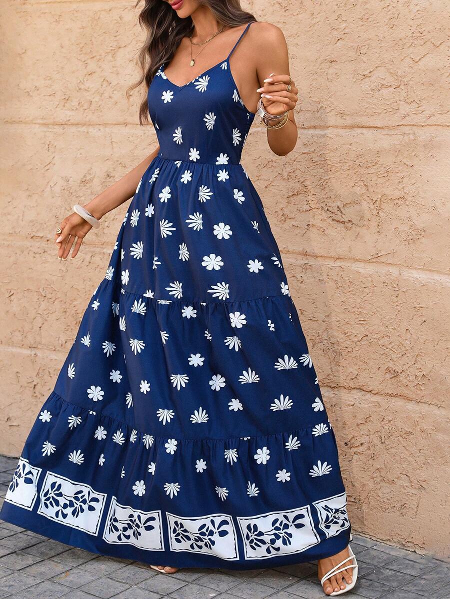 Travachic Women's Casual Vacation Plant Print Dress, Summer Beach, Christmas Party, Elegant New Year's Eve Outfits, Casual Going Out Outfits - Blue and White - View 1