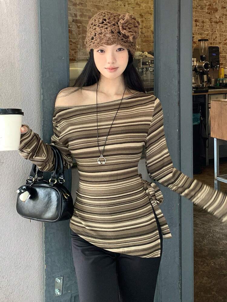 Women's Striped Asymmetric-Shoulder Tie-Up Casual T-Shirt, Korean Style Long Sleeve