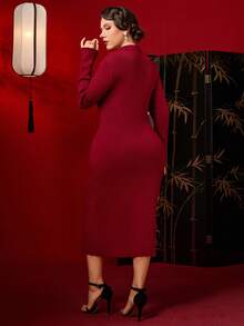 SHEIN Clasi 大码优雅纯色修身针织连衣裙，秋冬款 - 酒紅色 - 查看 2