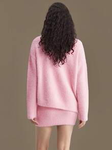 Ontre 1 conjunto feminino de malha solta, manga raglan, gola redonda, blusa e saia de cintura média, traje elegante, urbano, casual, moda de aeroporto de alta qualidade, essencial para Natal e Ano Novo - Baby Rosa - Ver 6