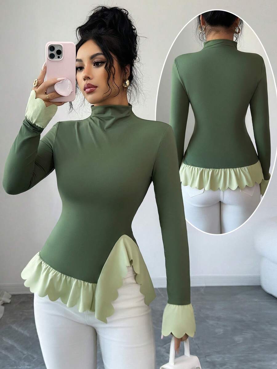 Elenzga Women's Lace Collar Raglan Sleeve Ruffle Hem Asymmetrical Hem T-Shirt - Olive Green - View 1