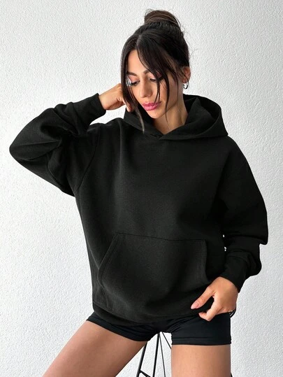 SHEIN Plus Size Women Casual Everyday Commute Simple Solid Color Drop Shoulder Loose Kangaroo Pocket Sweatshirt Sweatshirt