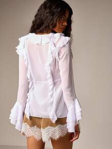 AiiRZ Chiffon Ruffle Blouse With Button Front Closure And Bell Sleeves For Spring Summer Occasions - White - View 2