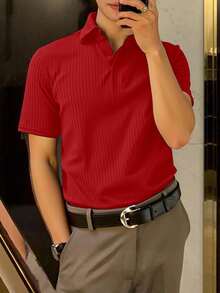 Manfinity Homme Men's Red Rib-Knit Short Sleeve Polo Shirt Regular Length - Red - View 3