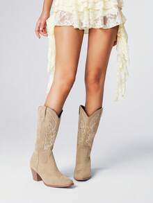 ROMWE Fairycore Botas vaqueras para mujer, botas de tobillo estilo western con bordado de toque único, para uso casual en exteriores, para primavera y otoño, color caqui