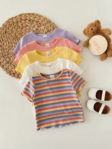 SHEIN Mua 1 tặng 4 hoặc 5 áo thun cổ tròn kẻ sọc dễ thương đa năng cho bé gái, thích hợp cho mùa tựu trường, tiệc tùng, biểu diễn, đám cưới, lễ rửa tội, lễ khai trương, trong nhà và ngoài trời, sinh hoạt hàng ngày, thể thao, vui chơi, tiệc tùng, kỳ nghỉ, lễ hội, thích hợp cho mùa xuân và mùa hè, thích hợp cho các buổi tụ họp. Áo thun kẻ sọc nhiều màu sắc cho bé, áo thun cầu vồng cho bé gái, áo thun mùa hè bằng vải voan cho bé gái. - trắng - Xem 6