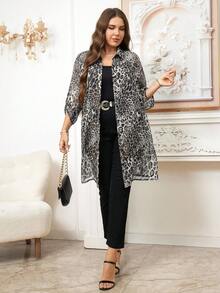 Reflora 大码女式豹纹袖口单排扣休闲时尚衬衫 - 灰色 - 查看 7