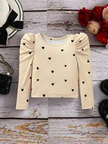 Emery Rose Kids Emery Rose Kids Young Girl Heart Pattern Square Neck Gigot Sleeve Casual T-Shirt - Multicolor - View 6