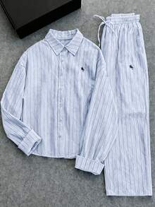 Franclia Women's Casual Striped Embroidered Sun Protection Shirt And Loose Pants 2 Pieces Set, Summer - Blue - View 4