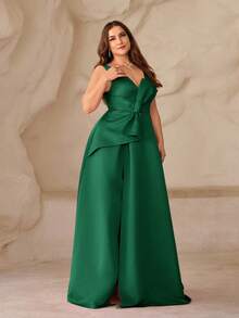 SHEIN Belle Vestido formal asimétrico con escote en V profundo, abertura alta y lazo en talla grande color fucsia, elegante vestido de noche - Verde Oscuro - Ver 6