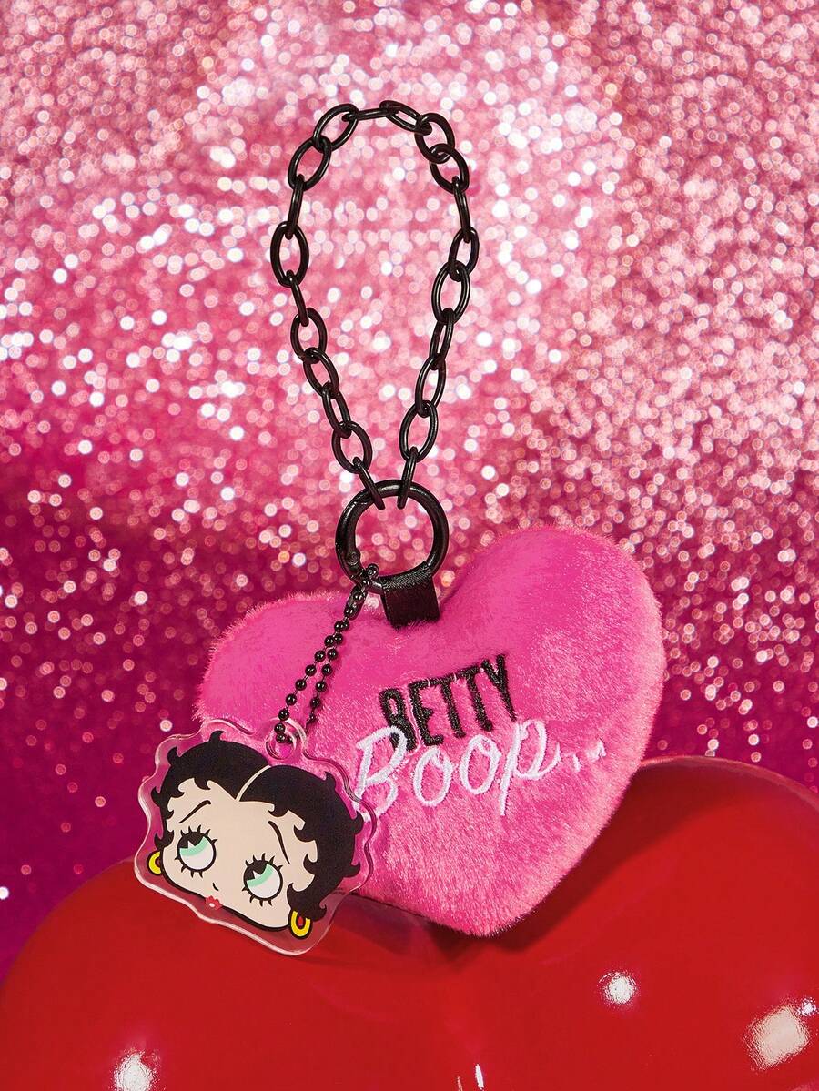 Betty Boop x SHEIN 1 Pc Pink Heart-Shaped Keychain With Delicate Embroidery; Can Be Hung On Bags Or Keys; Made Of Plush Material; Features A Fuchsia Heart Design,Love ,Kiss,Heart,Gift Ideas,Party,Holiday,Valentine's Day - Pink - View 1