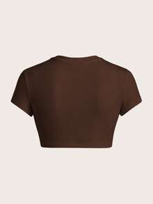 SHEIN ICON Kaos Wanita Kasual Warna Polos Leher Bulat Lengan Pendek Potongan Pas Badan, Cocok untuk Musim Panas dan Musim Semi - Coffee Brown - View 2