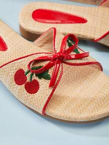 Mini mi Girl's Raffia Cherry Embroidered Red Bow Trim Slide Sandals – Cute, Fresh & Summer-Ready. - Red - View 2