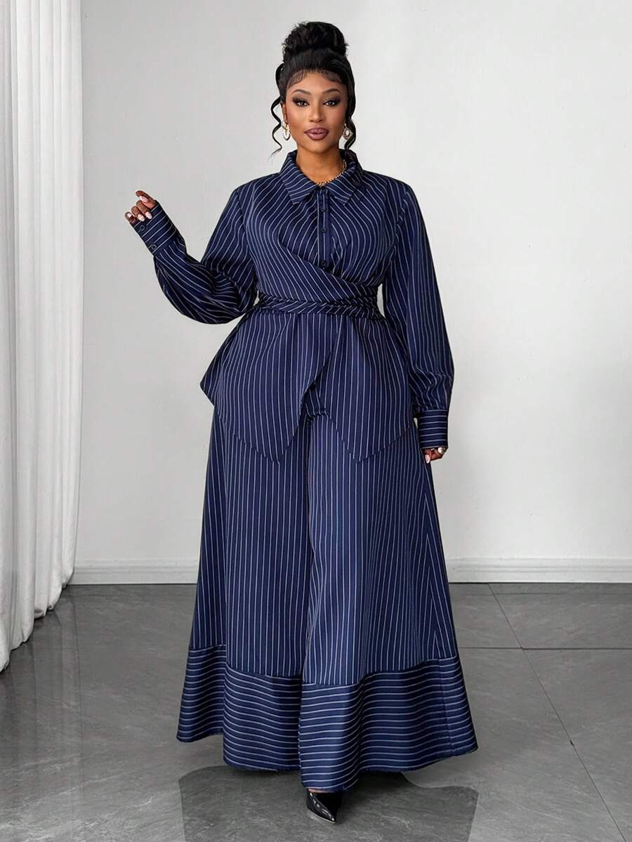 Maweii Plus Size Wrap-Around Retro 2 Pieces Set, Suitable For Commuting And Daily Wear, Women's Work Outfit,Casual Sets For Women - Navy Blue - View 1