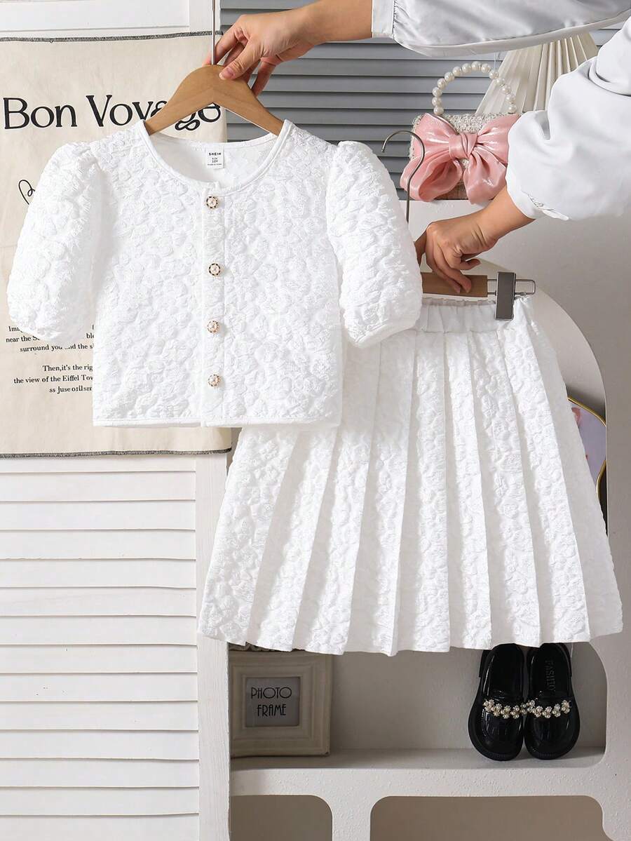 Genkimix Kids Girls Elegant White Shiny Jacquard Pearl Button Cardigan Top Paired With Pleated Skirt Set