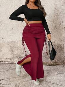 EMERY ROSE Plus Size Women's Solid Color High Waist Side Drawstring Flare Casual Pants, Knit Elastic Lace Up Pants Women Pants Burgundy Pants Red Pants For Women - Burgundy - View 7