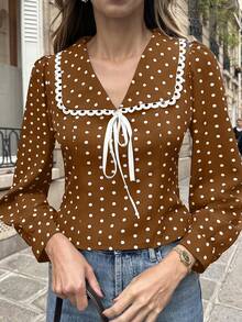 Pariaura 女士优雅设计白色蕾丝拼接V领系腰波点休闲法式短款黑色衬衫，长袖 - 棕色 - 查看 6