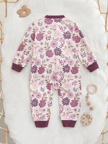 Cozy Pixies Baby Girl Floral Print Knit Soft Round Neck Long Sleeve Jumpsuit - Purple - View 2
